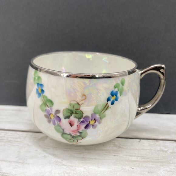 Vintage B And D Hand Painted Flowers Design Iridescent Silver Trimmed Teacup - Picture 2 of 12